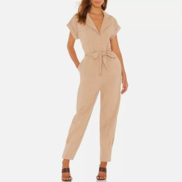 Lovers + Friends "Whitney" Linen Blend Short Sleeve Jumpsuit, Natural Tan, Sz S - Picture 2 of 12
